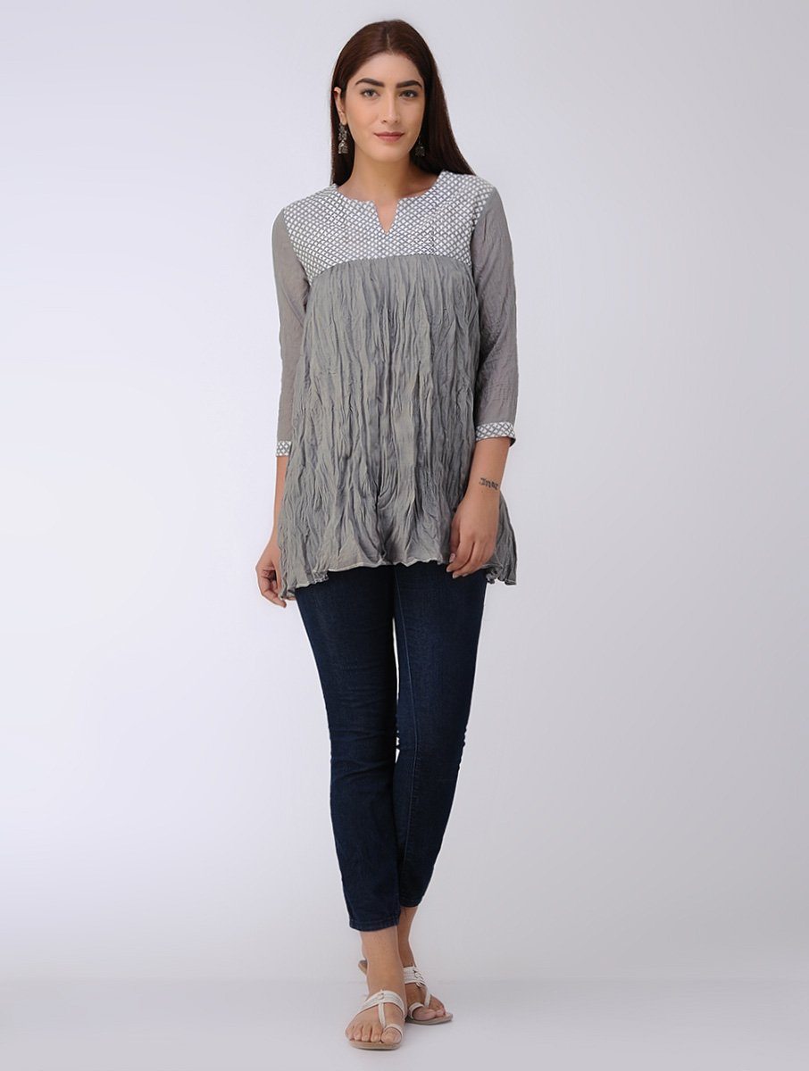 Grey gather top Top The Neem Tree Sonal Kabra Buy Shop online premium luxury fashion clothing natural fabrics sustainable organic hand made handcrafted artisans craftsmen