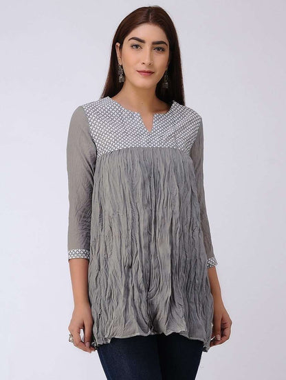 Grey gather top Top The Neem Tree Sonal Kabra Buy Shop online premium luxury fashion clothing natural fabrics sustainable organic hand made handcrafted artisans craftsmen