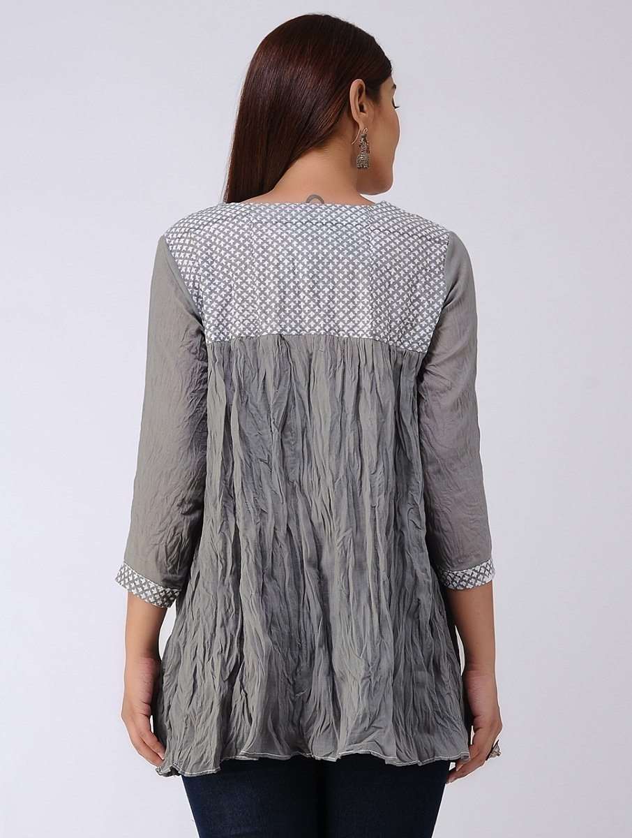 Grey gather top Top The Neem Tree Sonal Kabra Buy Shop online premium luxury fashion clothing natural fabrics sustainable organic hand made handcrafted artisans craftsmen