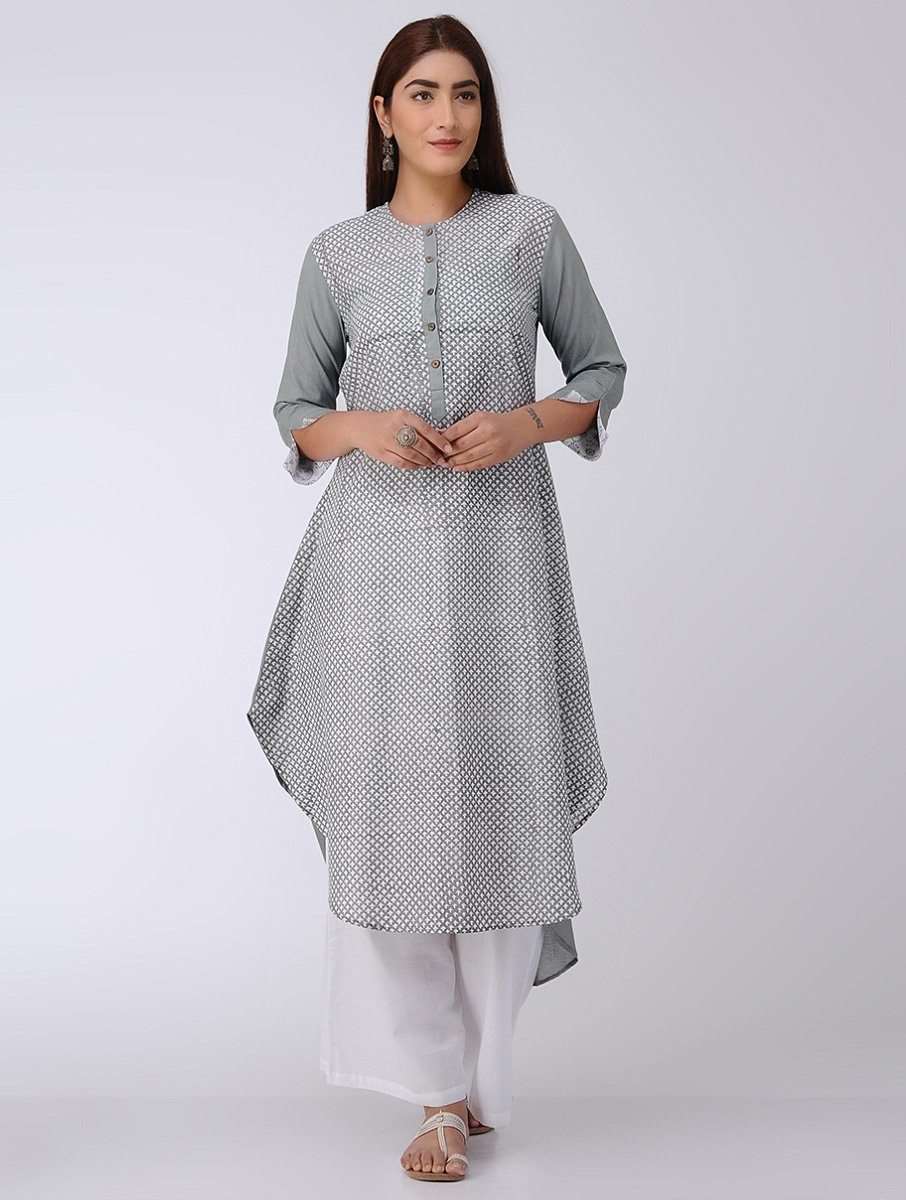 Grey high-low kurta Kurta The Neem Tree Sonal Kabra Buy Shop online premium luxury fashion clothing natural fabrics sustainable organic hand made handcrafted artisans craftsmen