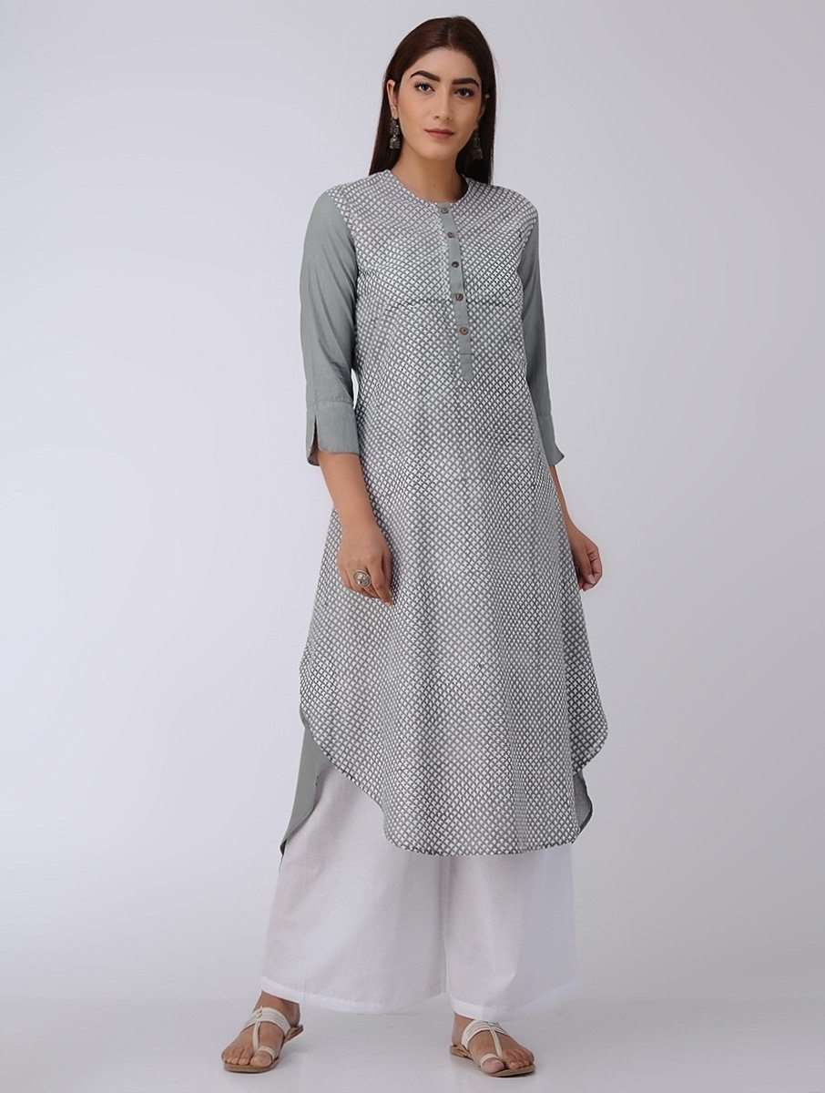 Grey high-low kurta Kurta The Neem Tree Sonal Kabra Buy Shop online premium luxury fashion clothing natural fabrics sustainable organic hand made handcrafted artisans craftsmen