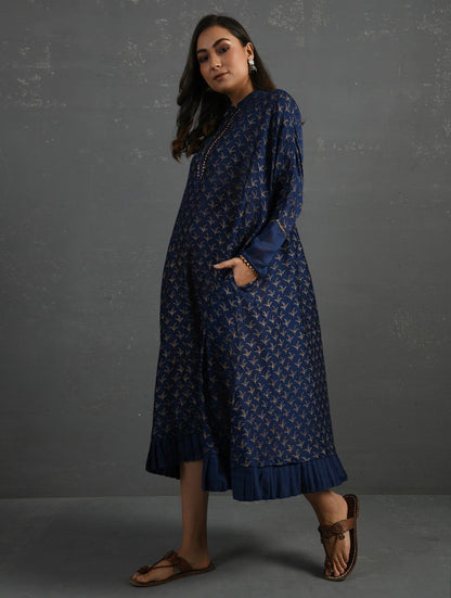 Indigo Block Printed Handwoven Chanderi Kurta Dress The Neem Tree Sonal Kabra Buy Shop online premium luxury fashion clothing natural fabrics sustainable organic hand made handcrafted artisans craftsmen