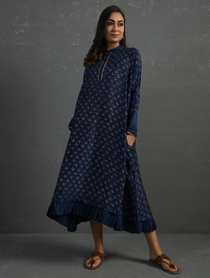 Indigo Block Printed Handwoven Chanderi Kurta Dress The Neem Tree Sonal Kabra Buy Shop online premium luxury fashion clothing natural fabrics sustainable organic hand made handcrafted artisans craftsmen