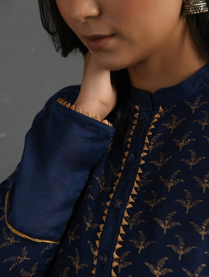 Indigo Block Printed Handwoven Chanderi Kurta Dress The Neem Tree Sonal Kabra Buy Shop online premium luxury fashion clothing natural fabrics sustainable organic hand made handcrafted artisans craftsmen