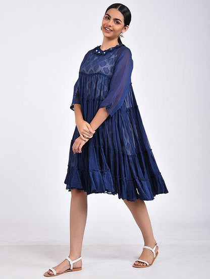 Indigo gather dress Dress The Neem Tree Sonal Kabra Buy Shop online premium luxury fashion clothing natural fabrics sustainable organic hand made handcrafted artisans craftsmen