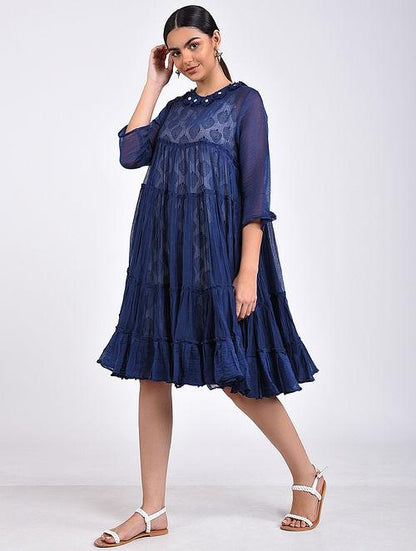 Indigo gather dress Dress The Neem Tree Sonal Kabra Buy Shop online premium luxury fashion clothing natural fabrics sustainable organic hand made handcrafted artisans craftsmen