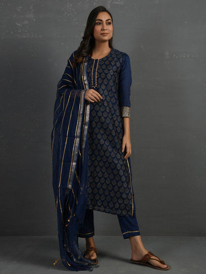 Indigo Handwoven Kota Dupatta with Gota Details Dupatta & Stoles The Neem Tree Sonal Kabra Buy Shop online premium luxury fashion clothing natural fabrics sustainable organic hand made handcrafted artisans craftsmen