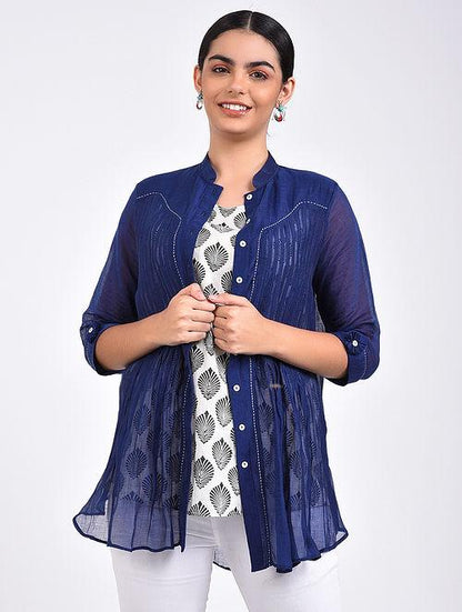 Indigo pin tuck shirt Top The Neem Tree Sonal Kabra Buy Shop online premium luxury fashion clothing natural fabrics sustainable organic hand made handcrafted artisans craftsmen