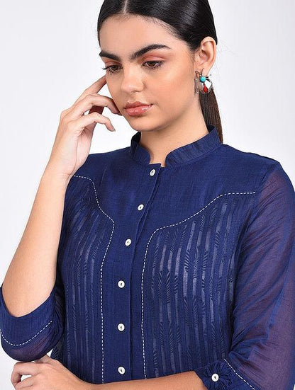 Indigo pin tuck shirt Top The Neem Tree Sonal Kabra Buy Shop online premium luxury fashion clothing natural fabrics sustainable organic hand made handcrafted artisans craftsmen