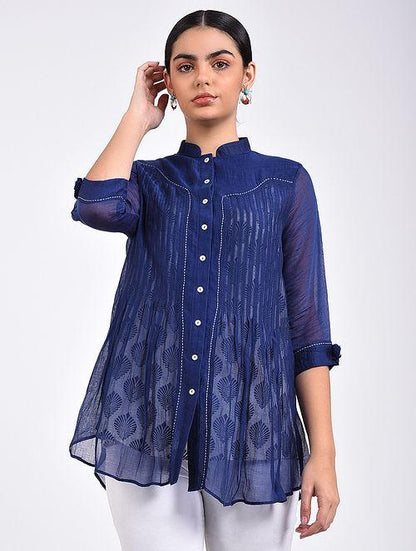 Indigo pin tuck shirt Top The Neem Tree Sonal Kabra Buy Shop online premium luxury fashion clothing natural fabrics sustainable organic hand made handcrafted artisans craftsmen