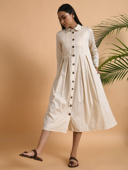 Ivory Box Pleat Cotton Silk Jacket Dress The Neem Tree Sonal Kabra Buy Shop online premium luxury fashion clothing natural fabrics sustainable organic hand made handcrafted artisans craftsmen