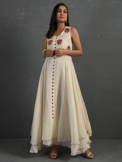 Ivory Hand Embroidered Sleeveless Kurta Kurta Sonal Kabra Sonal Kabra Buy Shop online premium luxury fashion clothing natural fabrics sustainable organic hand made handcrafted artisans craftsmen