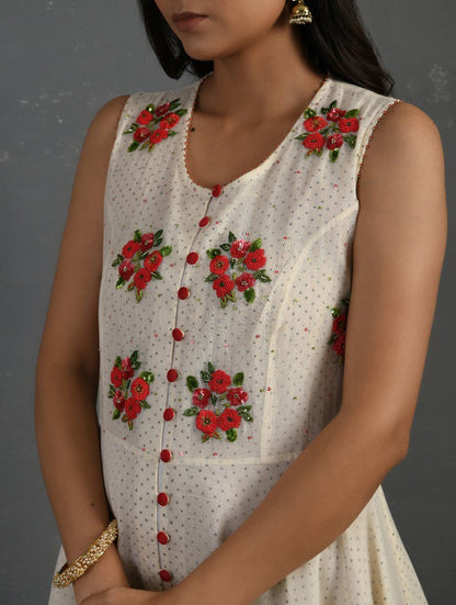 Ivory Polka Hand Embroidered Sleeveless Kurta Kurta Sonal Kabra Sonal Kabra Buy Shop online premium luxury fashion clothing natural fabrics sustainable organic hand made handcrafted artisans craftsmen