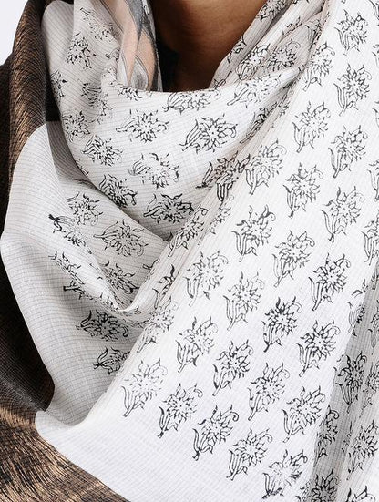 Beautified simple stole with cute hand carved flower motifs, black natural dye, end of season sale, festival vibes