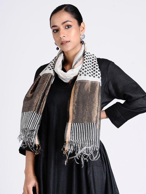 Jali work inspired block print in black on ivory stole, wide copper patta, vertical black and white strips, extra threads knotted at the end, shop online 