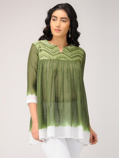 Olive gather top Top Sonal Kabra Sonal Kabra Buy Shop online premium luxury fashion clothing natural fabrics sustainable organic hand made handcrafted artisans craftsmen