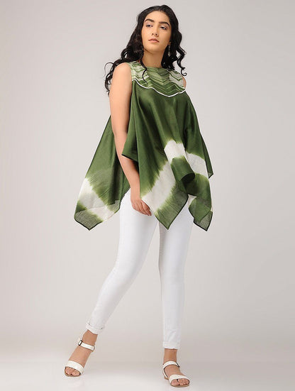 Olive waterfall top Top Sonal Kabra Sonal Kabra Buy Shop online premium luxury fashion clothing natural fabrics sustainable organic hand made handcrafted artisans craftsmen