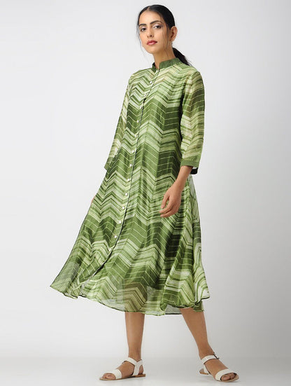 Olive zigzag shibori dress (Set of 2) Jacket dress Sonal Kabra Sonal Kabra Buy Shop online premium luxury fashion clothing natural fabrics sustainable organic hand made handcrafted artisans craftsmen