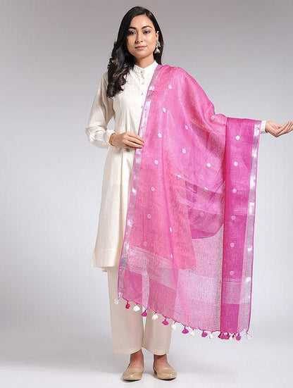 Pink linen dupatta with small butties and handloom woven silver border, The Neem Tree, Sonal Kabra craftsmanship, shipping available worldwide 