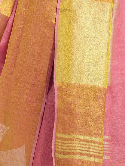 Exquisite shimmer golden yellow border with matt finished coral pink saree, light pink selvedge border