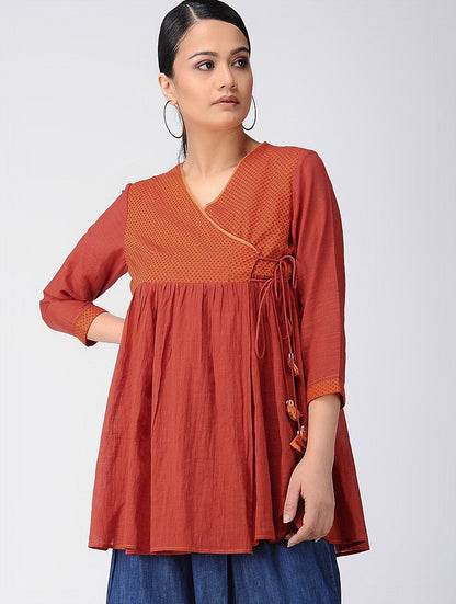 Red angarakha top Top The Neem Tree Sonal Kabra Buy Shop online premium luxury fashion clothing natural fabrics sustainable organic hand made handcrafted artisans craftsmen