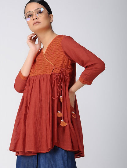 Red angarakha top Top The Neem Tree Sonal Kabra Buy Shop online premium luxury fashion clothing natural fabrics sustainable organic hand made handcrafted artisans craftsmen