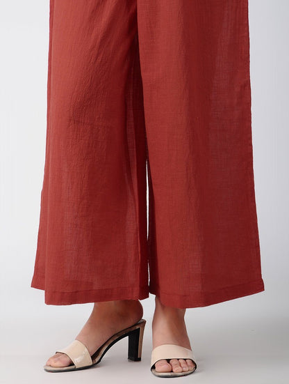 Red cotton palazzo Palazzo The Neem Tree Sonal Kabra Buy Shop online premium luxury fashion clothing natural fabrics sustainable organic hand made handcrafted artisans craftsmen