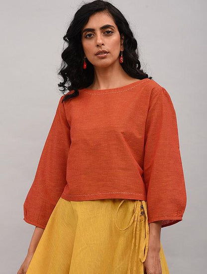 Red Cotton Top Top The Neem Tree Sonal Kabra Buy Shop online premium luxury fashion clothing natural fabrics sustainable organic hand made handcrafted artisans craftsmen