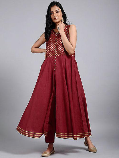 Red gold flared Kurta Jacket dress The Neem Tree Sonal Kabra Buy Shop online premium luxury fashion clothing natural fabrics sustainable organic hand made handcrafted artisans craftsmen