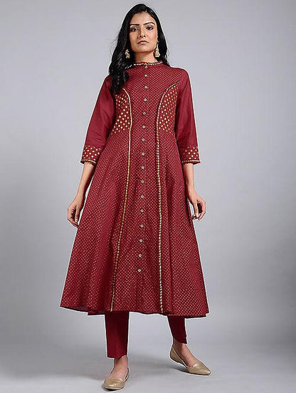 Red gold kali dress Jacket dress The Neem Tree Sonal Kabra Buy Shop online premium luxury fashion clothing natural fabrics sustainable organic hand made handcrafted artisans craftsmen