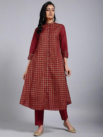 Red gold kurta Jacket dress The Neem Tree Sonal Kabra Buy Shop online premium luxury fashion clothing natural fabrics sustainable organic hand made handcrafted artisans craftsmen