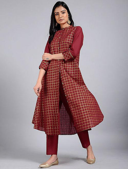 Red gold kurta Jacket dress The Neem Tree Sonal Kabra Buy Shop online premium luxury fashion clothing natural fabrics sustainable organic hand made handcrafted artisans craftsmen