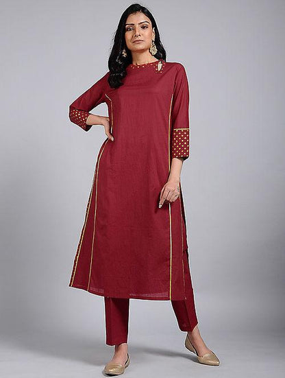 Red keyhole neckline dress Kurta The Neem Tree Sonal Kabra Buy Shop online premium luxury fashion clothing natural fabrics sustainable organic hand made handcrafted artisans craftsmen