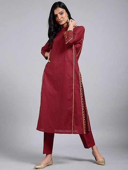 Red keyhole neckline dress Kurta The Neem Tree Sonal Kabra Buy Shop online premium luxury fashion clothing natural fabrics sustainable organic hand made handcrafted artisans craftsmen