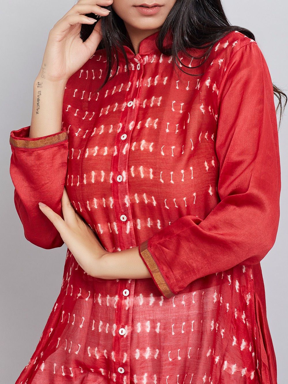 Red shibori dress Dress Sonal Kabra Sonal Kabra Buy Shop online premium luxury fashion clothing natural fabrics sustainable organic hand made handcrafted artisans craftsmen