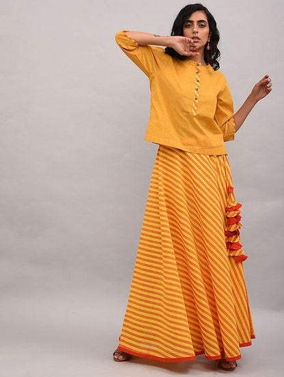 Set of 2 - Yellow top with striped skirt Set The Neem Tree Sonal Kabra Buy Shop online premium luxury fashion clothing natural fabrics sustainable organic hand made handcrafted artisans craftsmen