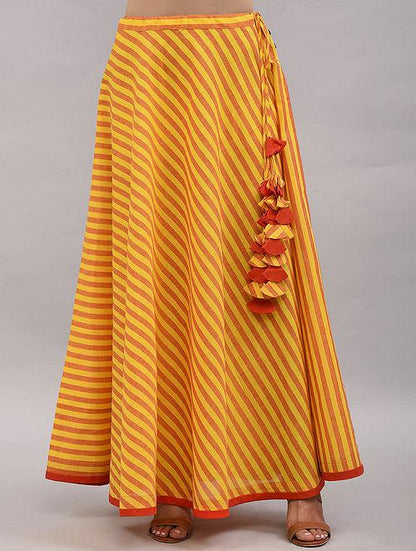 Set of 2 - Yellow top with striped skirt Set The Neem Tree Sonal Kabra Buy Shop online premium luxury fashion clothing natural fabrics sustainable organic hand made handcrafted artisans craftsmen