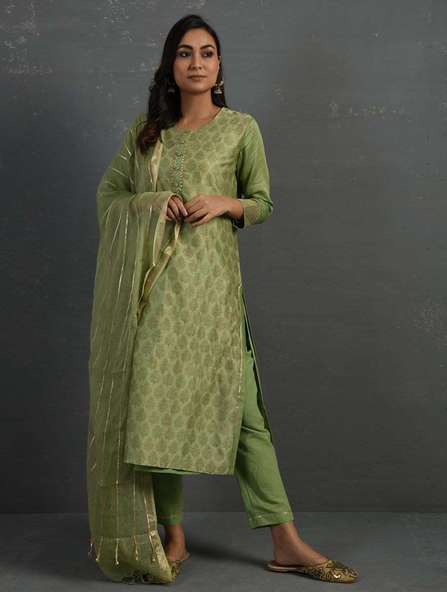 Green Block Printed Handwoven Chanderi Kurta with Mul Slip and Pants ( –  Sonal Kabra