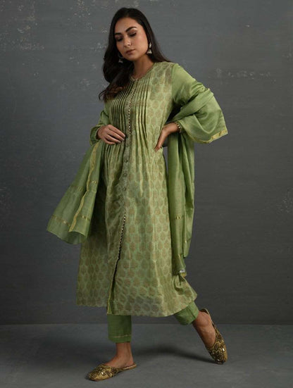 (Set of 3) Green Block Printed Handwoven Chanderi Kurta with Mul Slip & Pants Kurta The Neem Tree Sonal Kabra Buy Shop online premium luxury fashion clothing natural fabrics sustainable organic hand made handcrafted artisans craftsmen