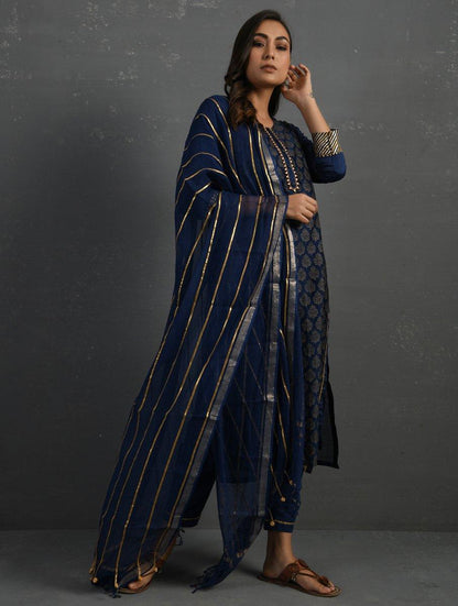 (Set of 3) Indigo Block Printed Handwoven Chanderi Kurta with Mul Slip and Pants Kurta The Neem Tree Sonal Kabra Buy Shop online premium luxury fashion clothing natural fabrics sustainable organic hand made handcrafted artisans craftsmen