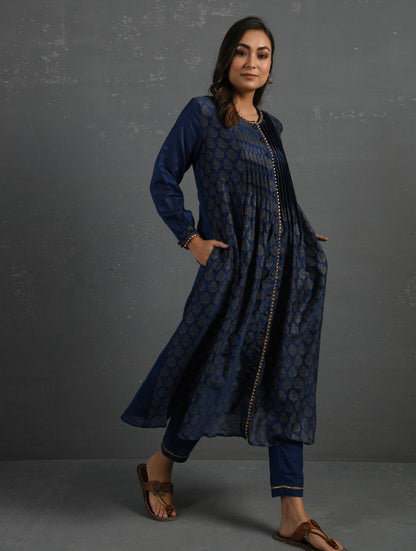 (Set of 3) Indigo Block Printed Handwoven Chanderi Kurta with Mul Slip & Pants Kurta The Neem Tree Sonal Kabra Buy Shop online premium luxury fashion clothing natural fabrics sustainable organic hand made handcrafted artisans craftsmen