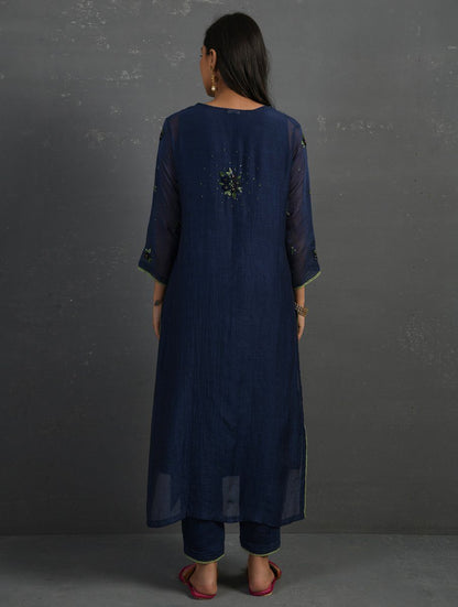 (Set of 4) Indigo Hand embroidered Kurta Set Kurta Set Sonal Kabra Sonal Kabra Buy Shop online premium luxury fashion clothing natural fabrics sustainable organic hand made handcrafted artisans craftsmen