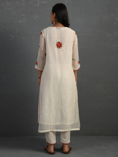 (Set of 4) Ivory Hand embroidered Kurta Set Kurta Set Sonal Kabra Sonal Kabra Buy Shop online premium luxury fashion clothing natural fabrics sustainable organic hand made handcrafted artisans craftsmen