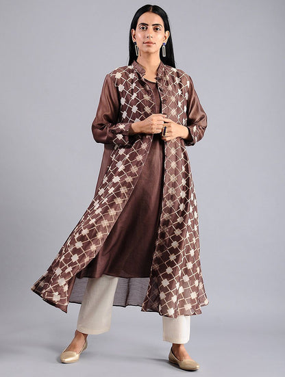 Star shibori jacket dress in Brown (Set of 2) Jacket dress Sonal Kabra Sonal Kabra Buy Shop online premium luxury fashion clothing natural fabrics sustainable organic hand made handcrafted artisans craftsmen