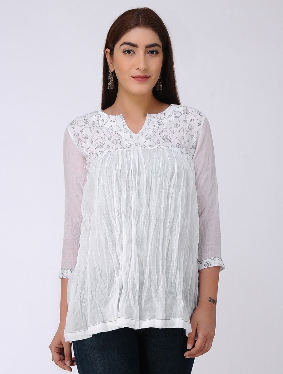 White gathered top Top The Neem Tree Sonal Kabra Buy Shop online premium luxury fashion clothing natural fabrics sustainable organic hand made handcrafted artisans craftsmen