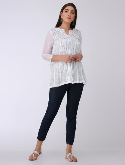 White gathered top Top The Neem Tree Sonal Kabra Buy Shop online premium luxury fashion clothing natural fabrics sustainable organic hand made handcrafted artisans craftsmen