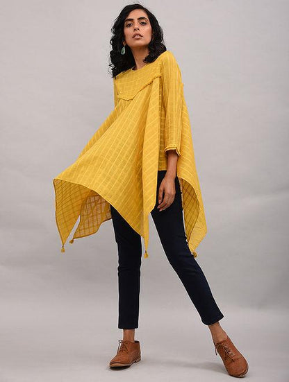 Yellow Asymmetrical Cotton Top with Tassels Top The Neem Tree Sonal Kabra Buy Shop online premium luxury fashion clothing natural fabrics sustainable organic hand made handcrafted artisans craftsmen