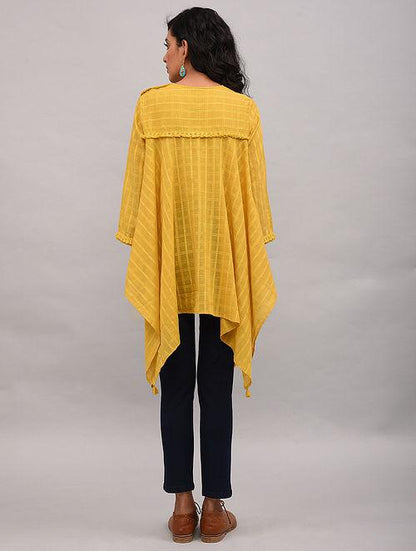 Yellow Asymmetrical Cotton Top with Tassels Top The Neem Tree Sonal Kabra Buy Shop online premium luxury fashion clothing natural fabrics sustainable organic hand made handcrafted artisans craftsmen