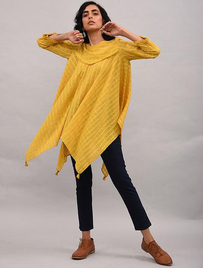 Yellow Asymmetrical Cotton Top with Tassels Top The Neem Tree Sonal Kabra Buy Shop online premium luxury fashion clothing natural fabrics sustainable organic hand made handcrafted artisans craftsmen