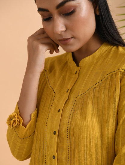 Yellow Cotton Dobby Shirt with Slip (Set of 2) Top The Neem Tree Sonal Kabra Buy Shop online premium luxury fashion clothing natural fabrics sustainable organic hand made handcrafted artisans craftsmen